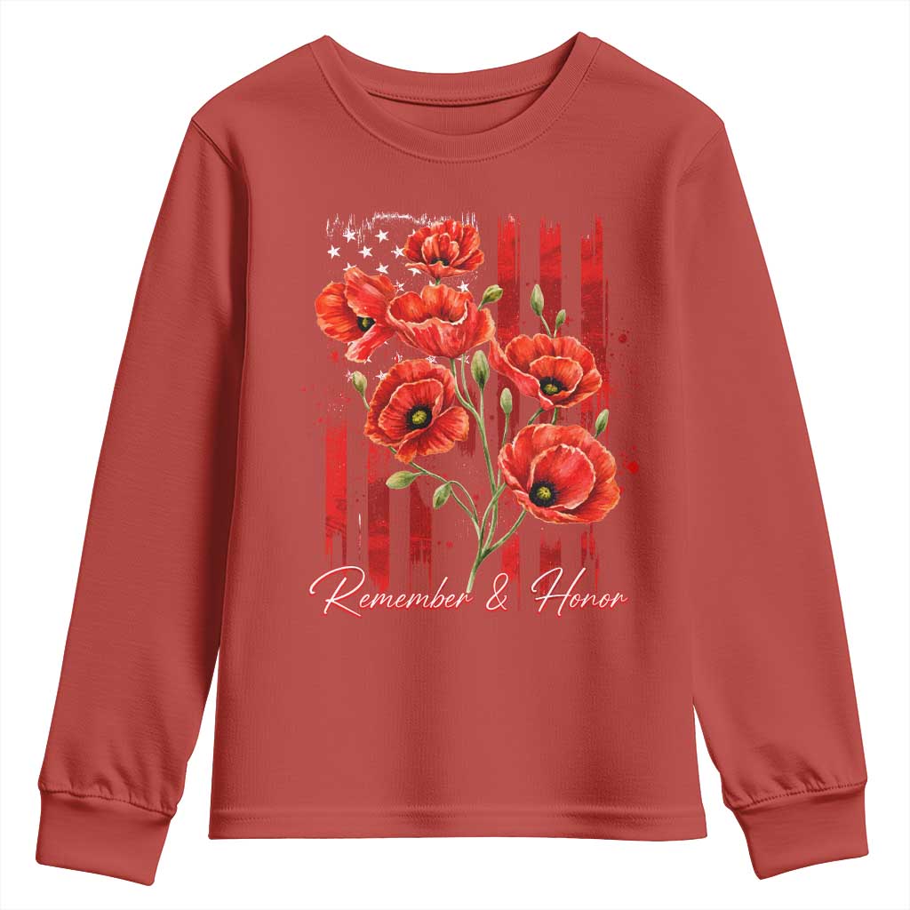 Remember And Honor Memorial Day Youth Sweatshirt Red Poppy Flowers
