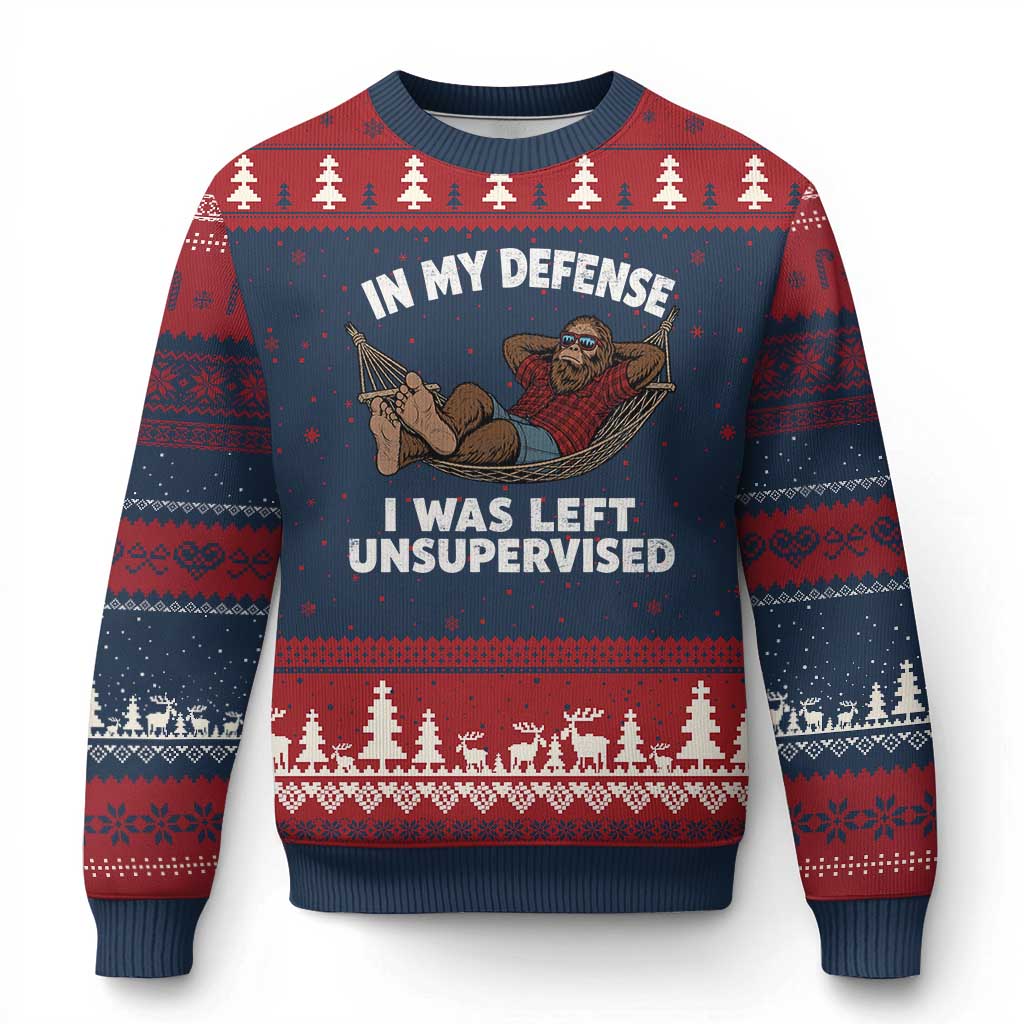 In My Defense I Was Left Unsupervised Funny Bigfoot Ugly Christmas Sweater
