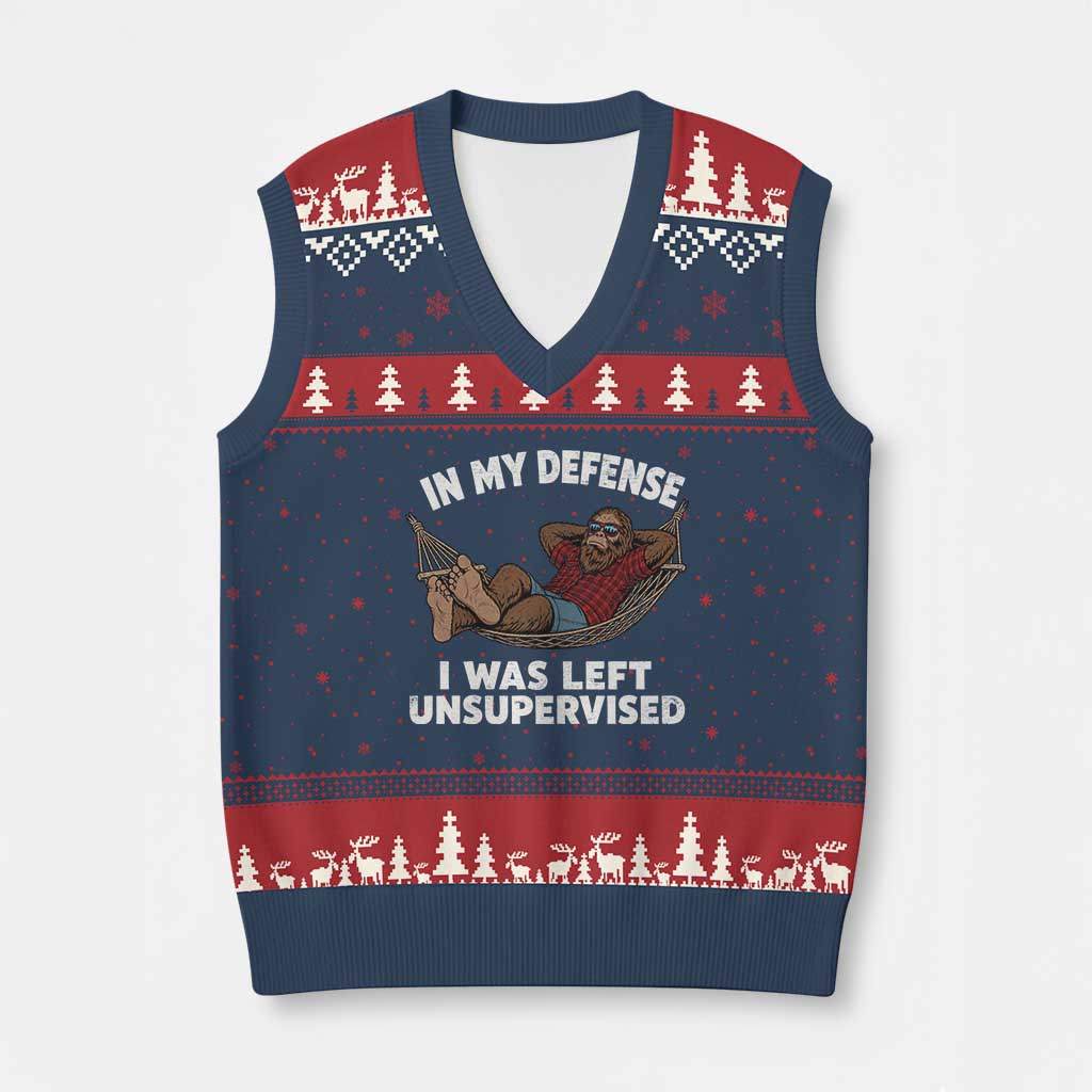 In My Defense I Was Left Unsupervised Funny Bigfoot V-Neck Knit Sweater Vest