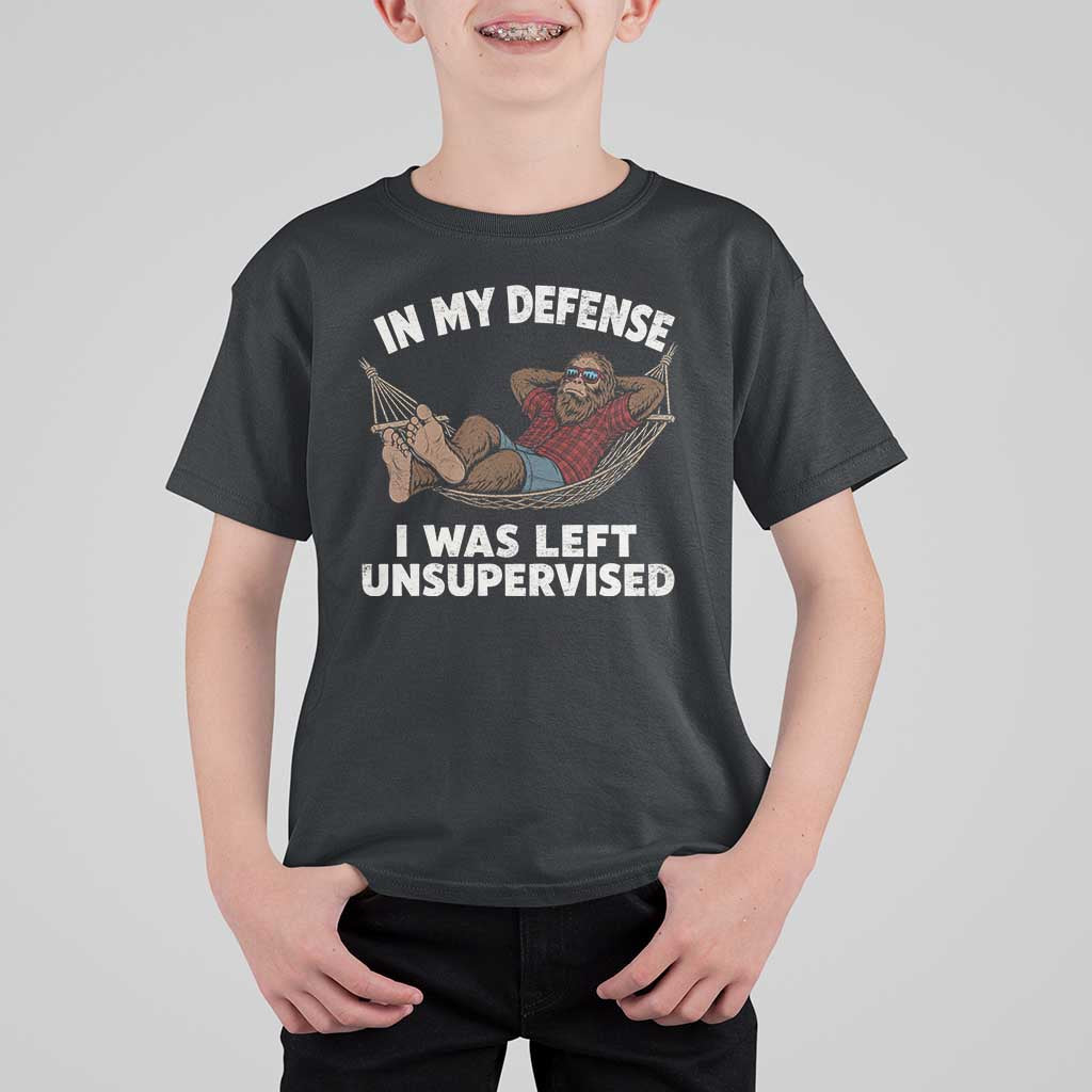 In My Defense I Was Left Unsupervised Funny Bigfoot T Shirt For Kid