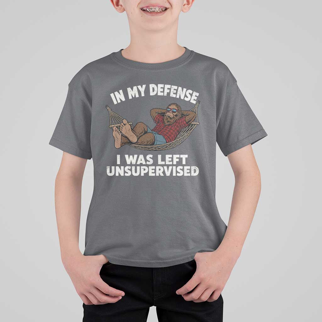 In My Defense I Was Left Unsupervised Funny Bigfoot T Shirt For Kid