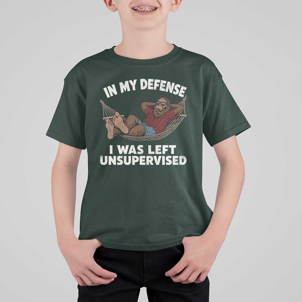 In My Defense I Was Left Unsupervised Funny Bigfoot T Shirt For Kid