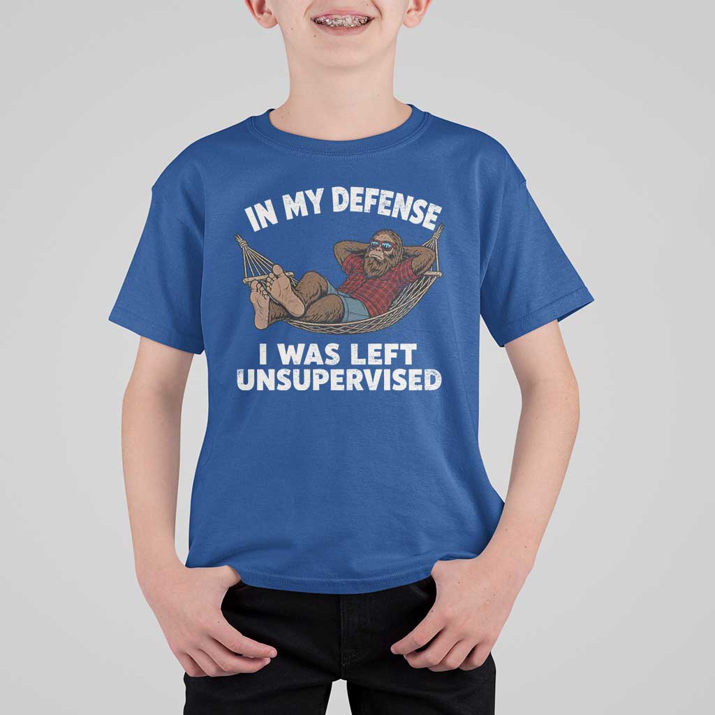 In My Defense I Was Left Unsupervised Funny Bigfoot T Shirt For Kid