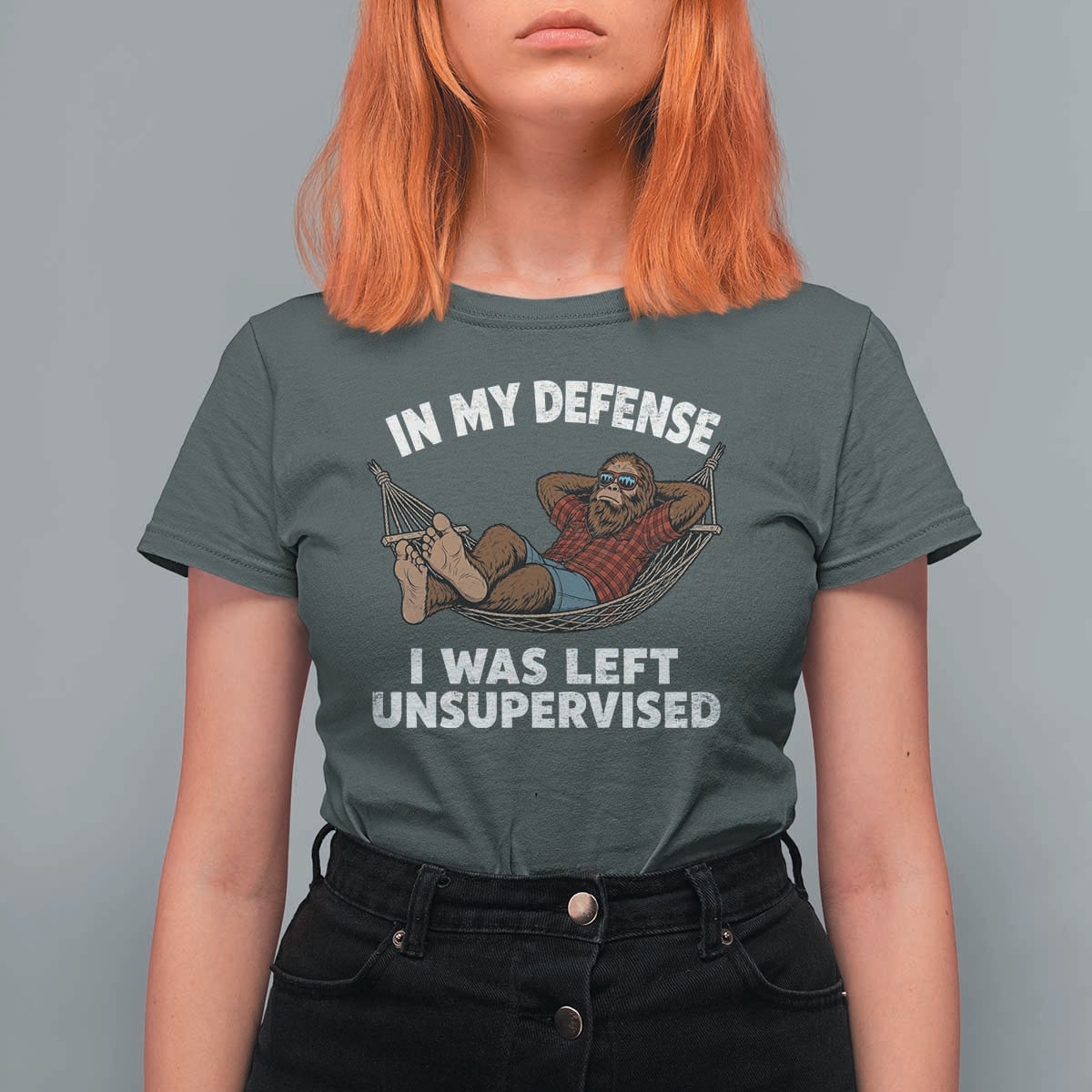 In My Defense I Was Left Unsupervised Funny Bigfoot T Shirt For Women