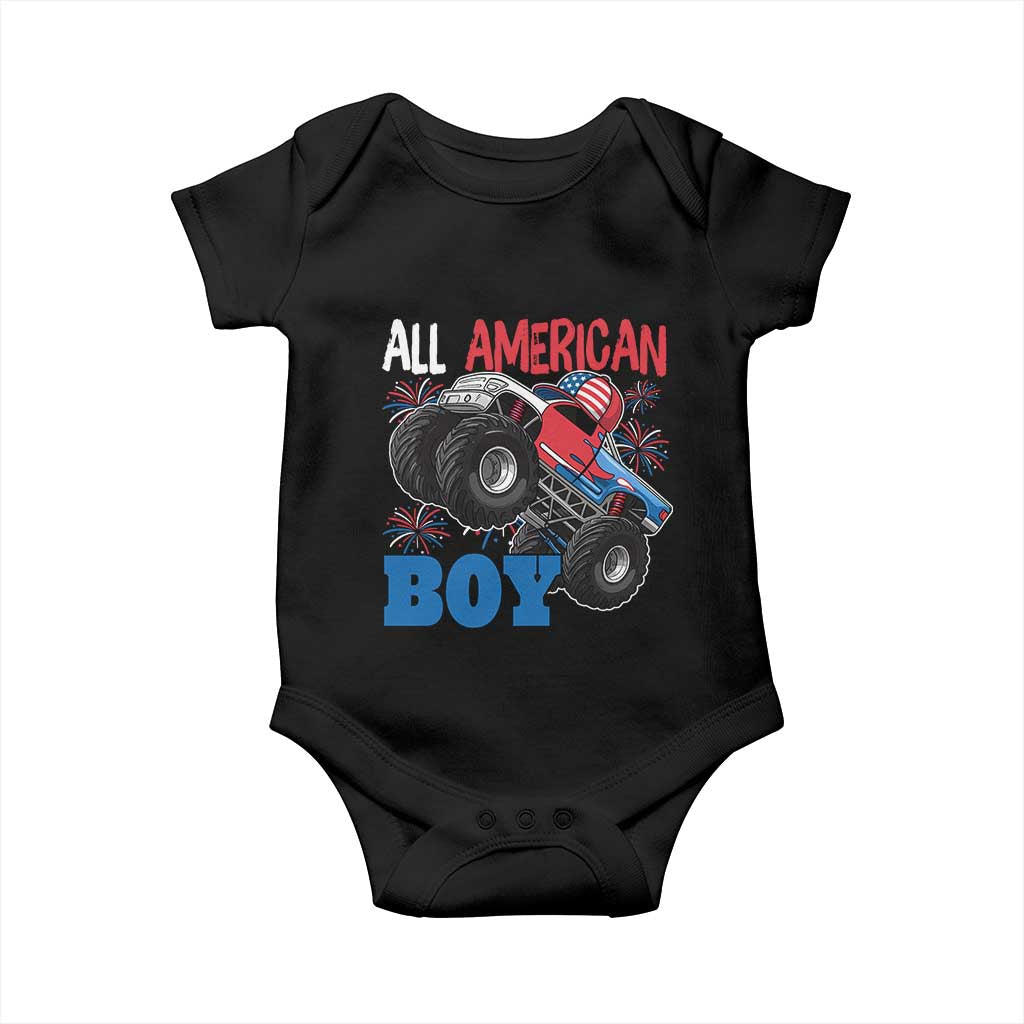 Funny All American Boy 4th Of July Baby Onesie Monster Trucks American Flag Fireworks - Wonder Print Shop
