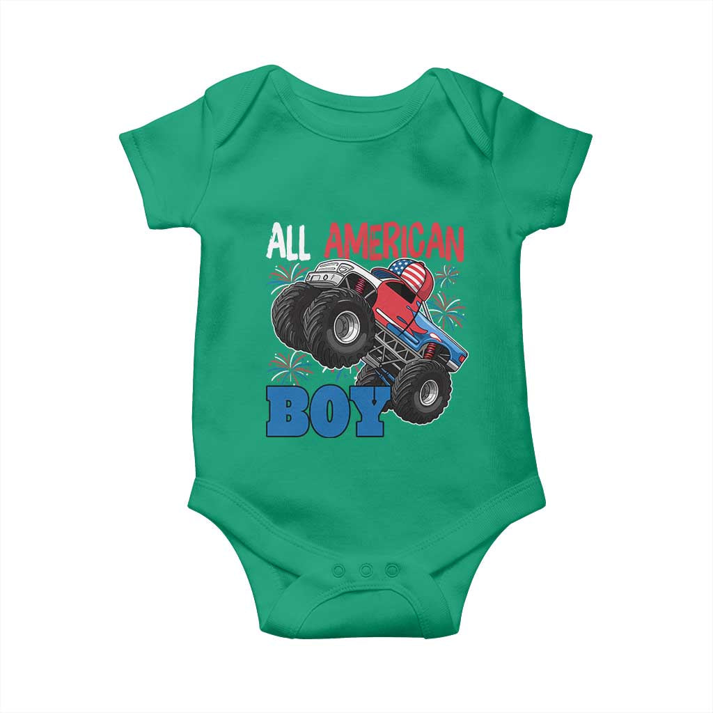 Funny All American Boy 4th Of July Baby Onesie Monster Trucks American Flag Fireworks - Wonder Print Shop
