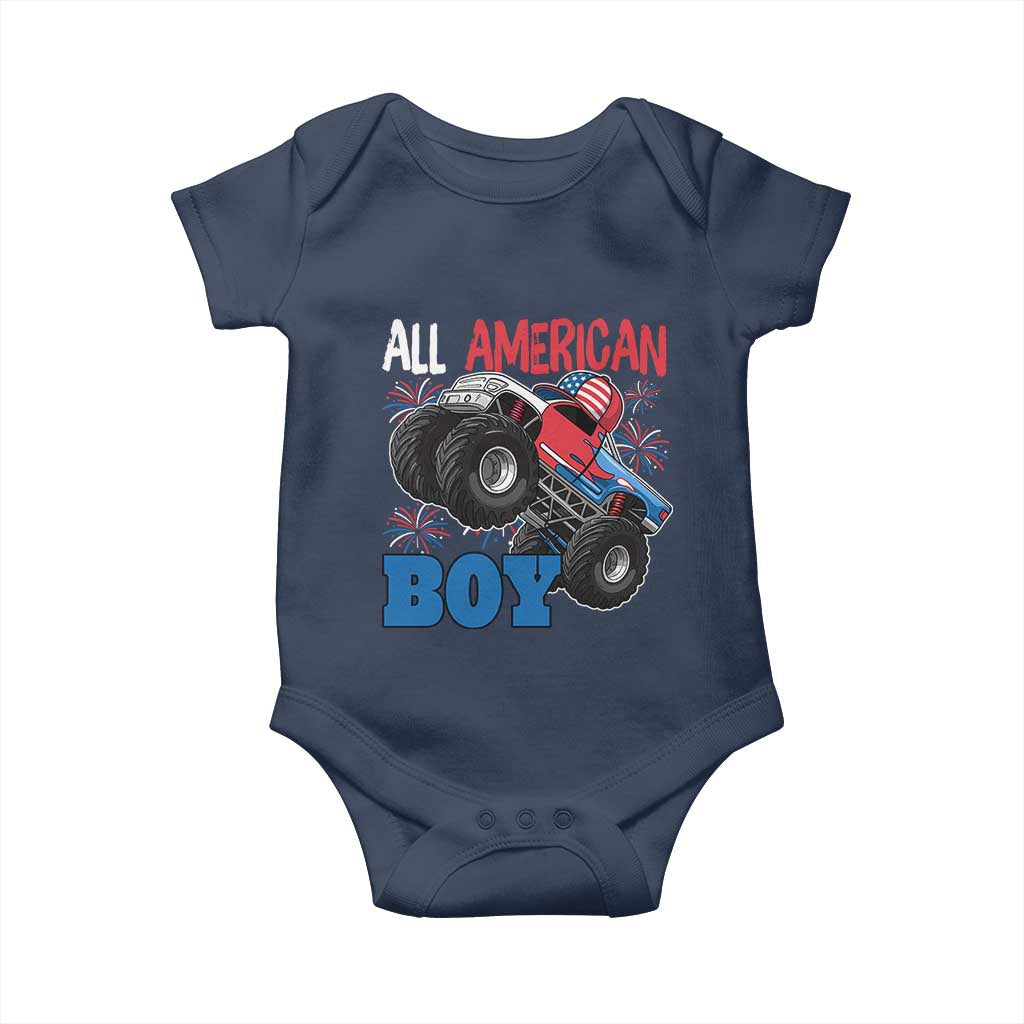 Funny All American Boy 4th Of July Baby Onesie Monster Trucks American Flag Fireworks - Wonder Print Shop