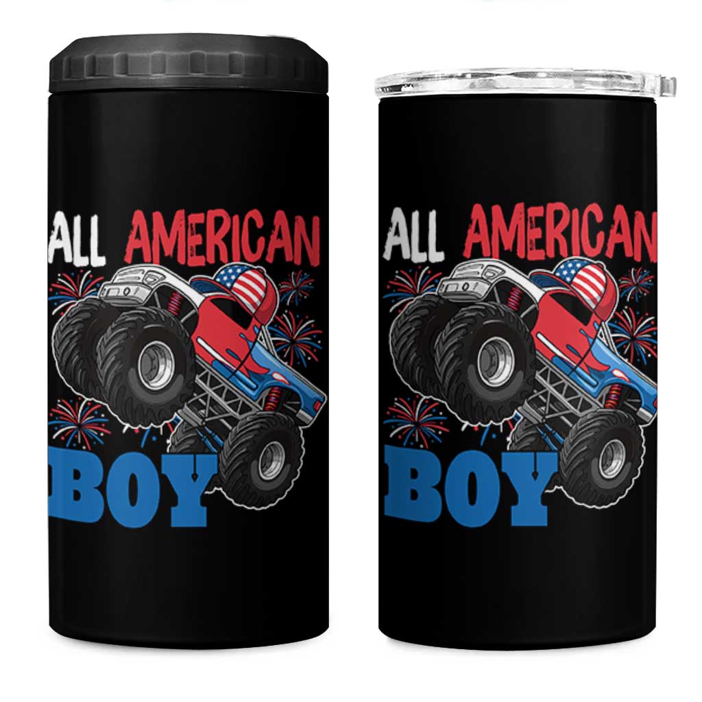 Funny All American Boy 4th Of July 4 in 1 Can Cooler Tumbler Monster Trucks American Flag Fireworks - Wonder Print Shop
