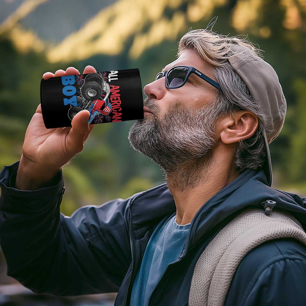 Funny All American Boy 4th Of July 4 in 1 Can Cooler Tumbler Monster Trucks American Flag Fireworks - Wonder Print Shop