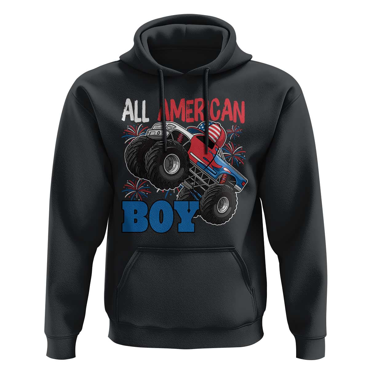 Funny All American Boy 4th Of July Hoodie Monster Trucks American Flag Fireworks - Wonder Print Shop