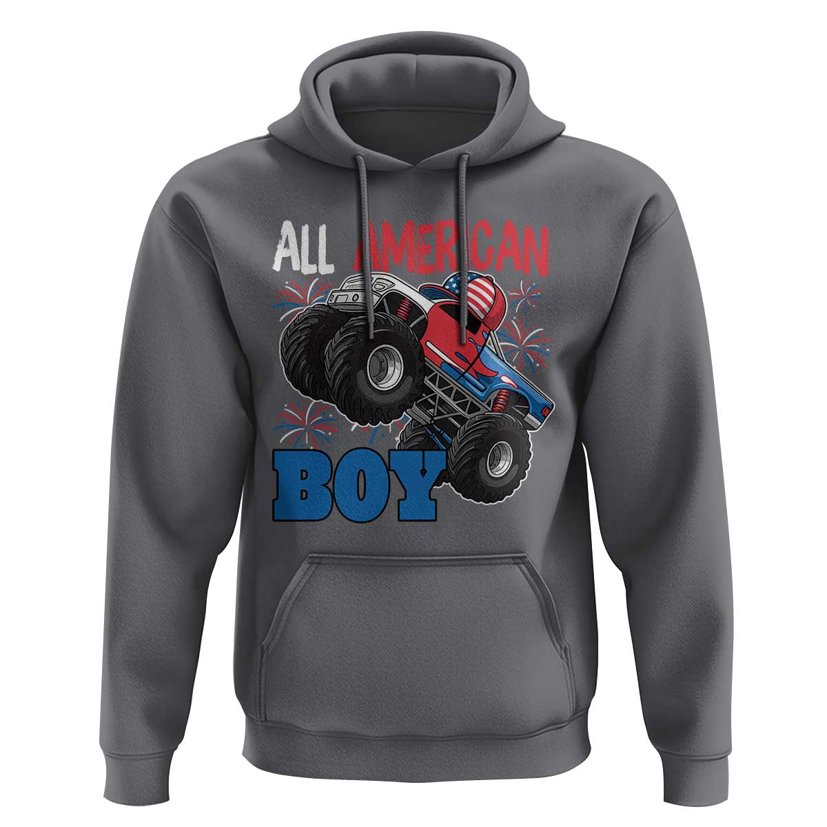 Funny All American Boy 4th Of July Hoodie Monster Trucks American Flag Fireworks - Wonder Print Shop