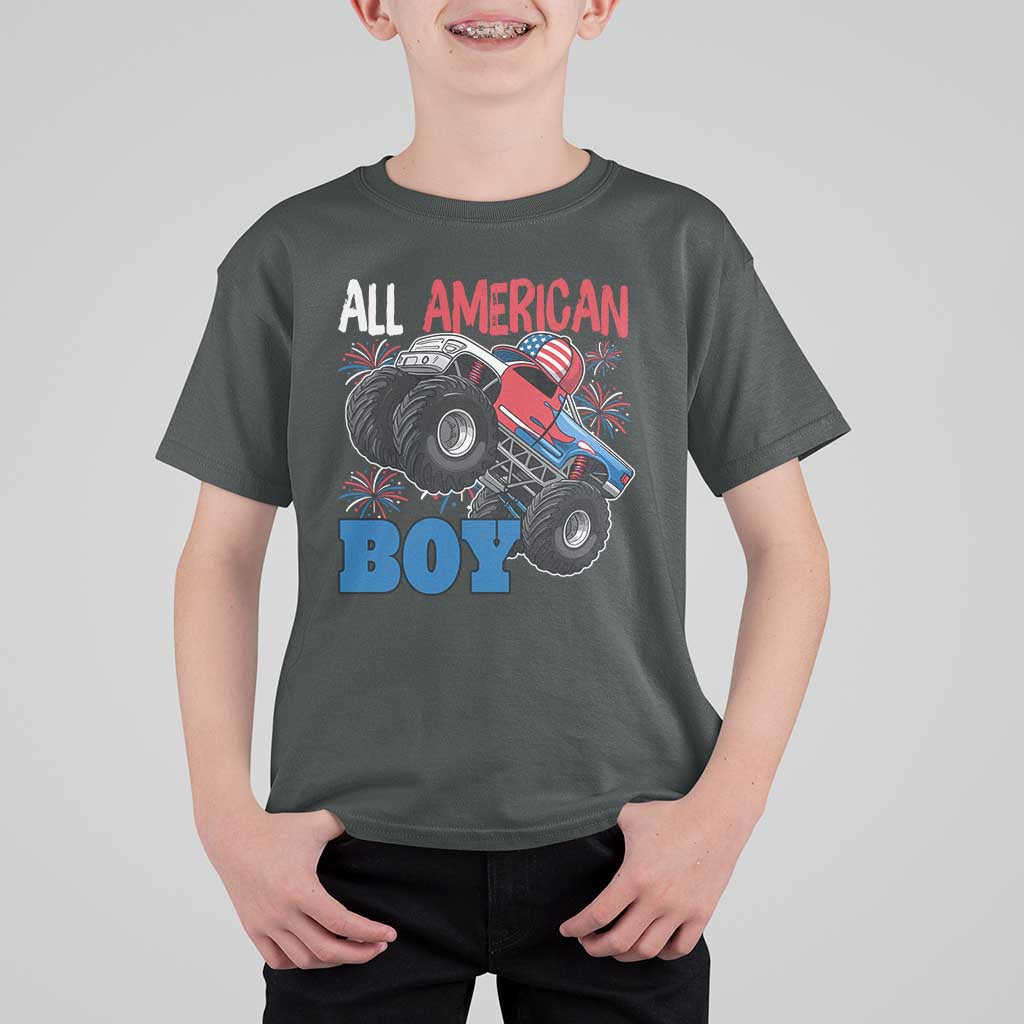 Funny All American Boy 4th Of July T Shirt For Kid Monster Trucks American Flag Fireworks - Wonder Print Shop