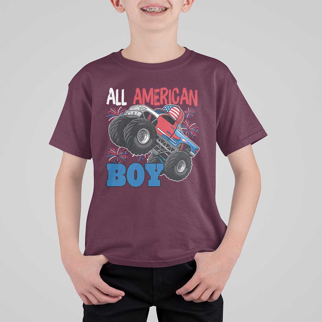 Funny All American Boy 4th Of July T Shirt For Kid Monster Trucks American Flag Fireworks - Wonder Print Shop