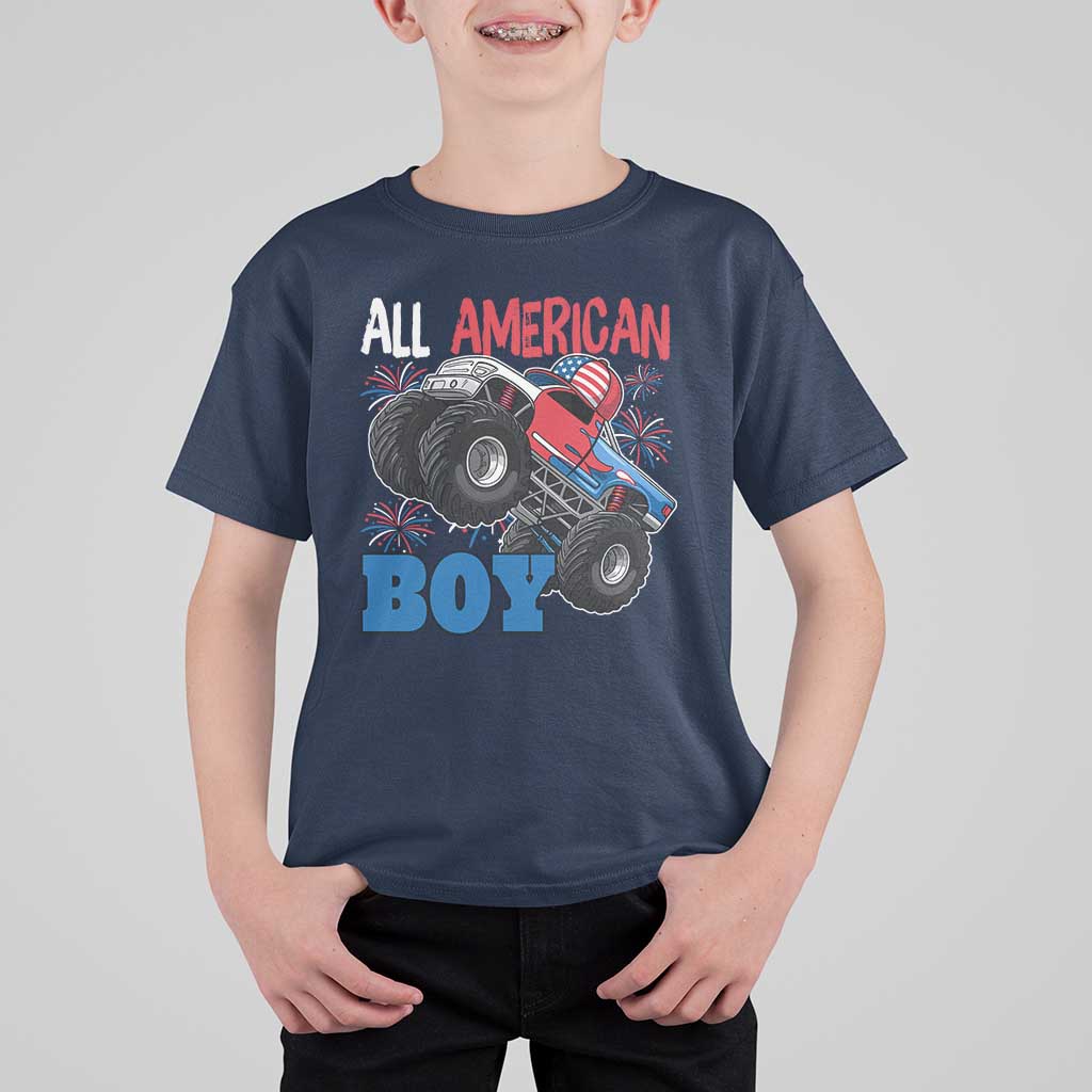 Funny All American Boy 4th Of July T Shirt For Kid Monster Trucks American Flag Fireworks - Wonder Print Shop