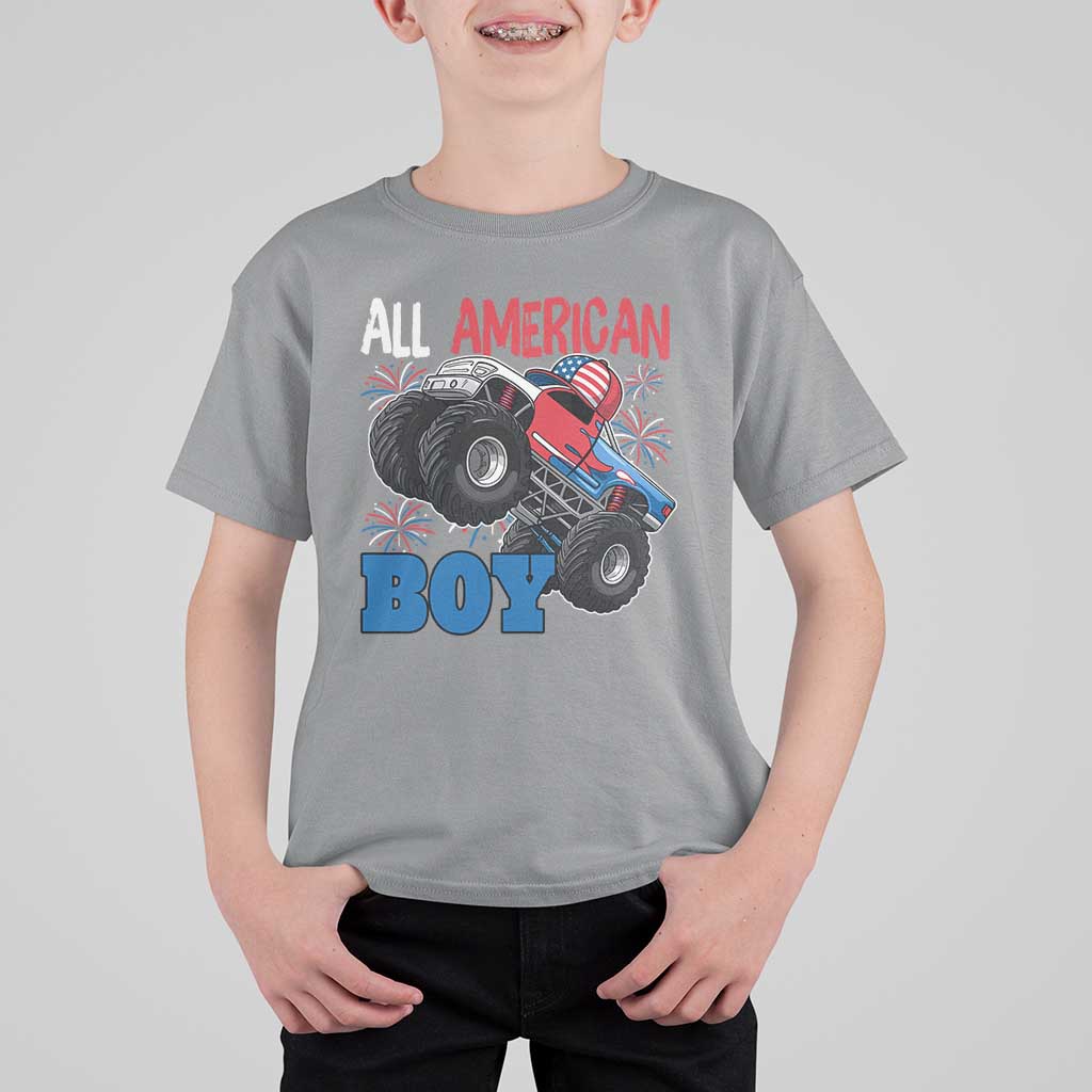 Funny All American Boy 4th Of July T Shirt For Kid Monster Trucks American Flag Fireworks - Wonder Print Shop