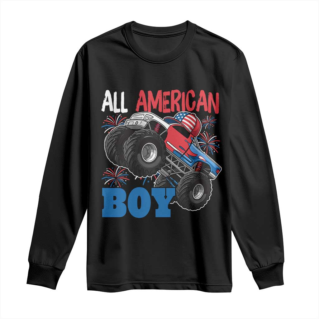 Funny All American Boy 4th Of July Long Sleeve Shirt Monster Trucks American Flag Fireworks - Wonder Print Shop