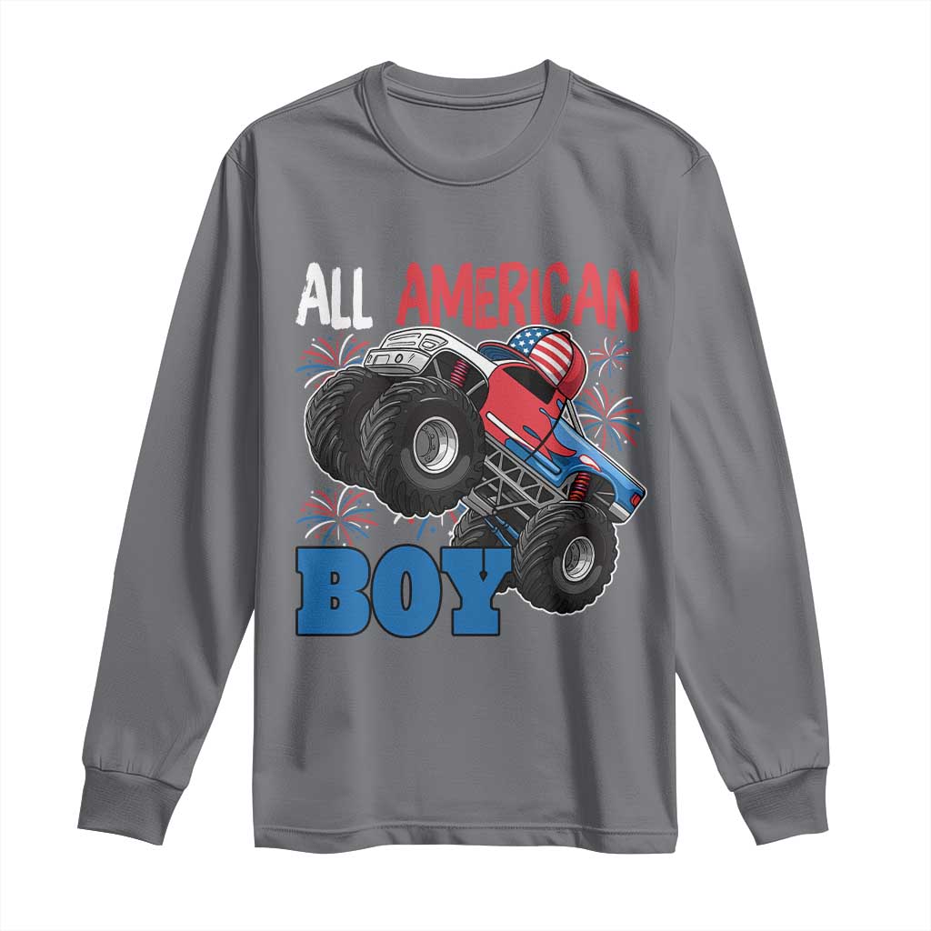 Funny All American Boy 4th Of July Long Sleeve Shirt Monster Trucks American Flag Fireworks - Wonder Print Shop