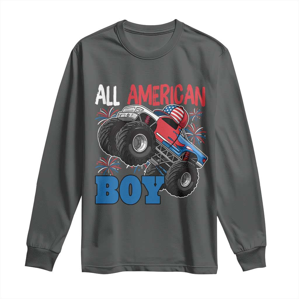 Funny All American Boy 4th Of July Long Sleeve Shirt Monster Trucks American Flag Fireworks - Wonder Print Shop