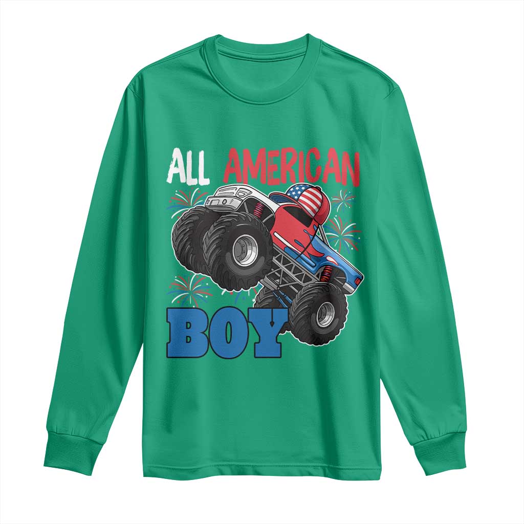 Funny All American Boy 4th Of July Long Sleeve Shirt Monster Trucks American Flag Fireworks - Wonder Print Shop