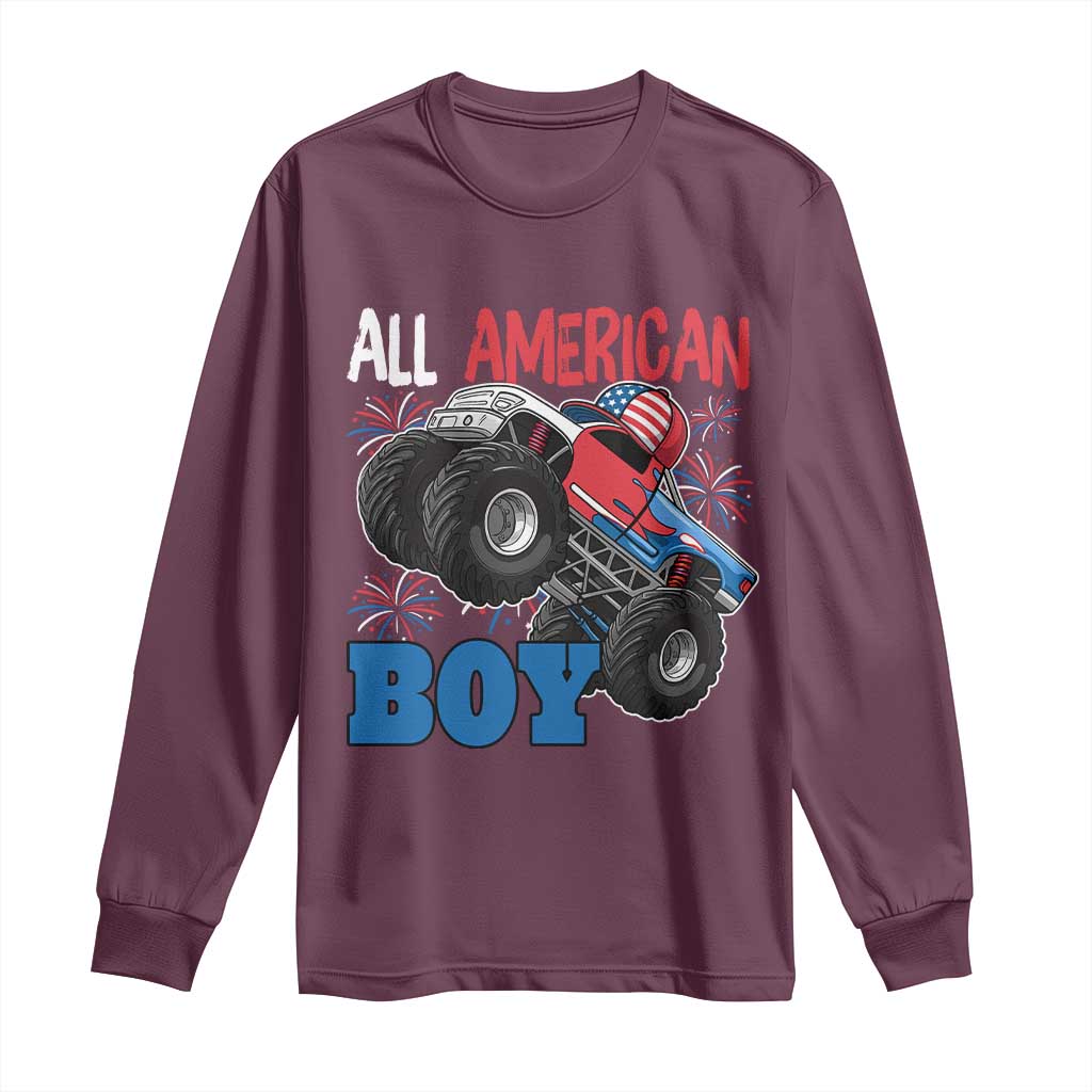 Funny All American Boy 4th Of July Long Sleeve Shirt Monster Trucks American Flag Fireworks - Wonder Print Shop