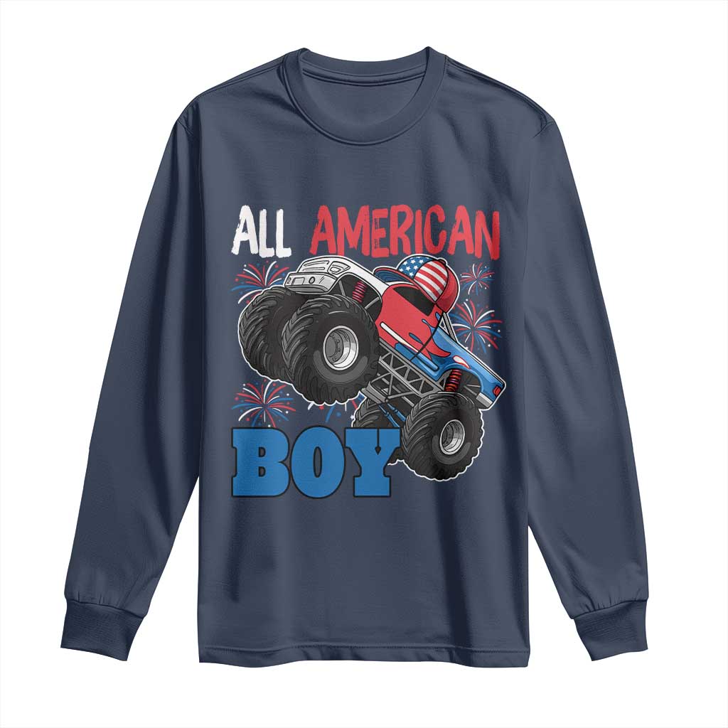 Funny All American Boy 4th Of July Long Sleeve Shirt Monster Trucks American Flag Fireworks - Wonder Print Shop