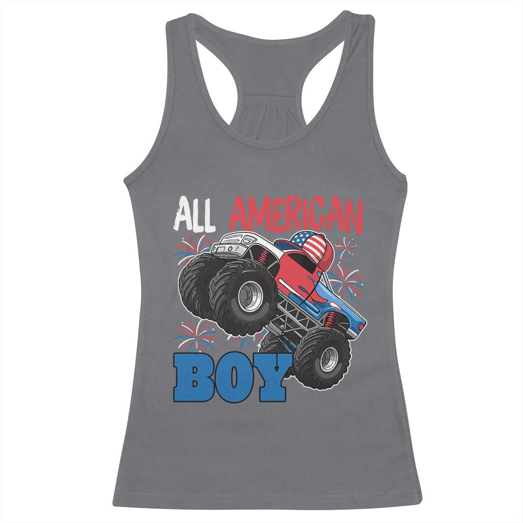 Funny All American Boy 4th Of July Racerback Tank Top Monster Trucks American Flag Fireworks - Wonder Print Shop