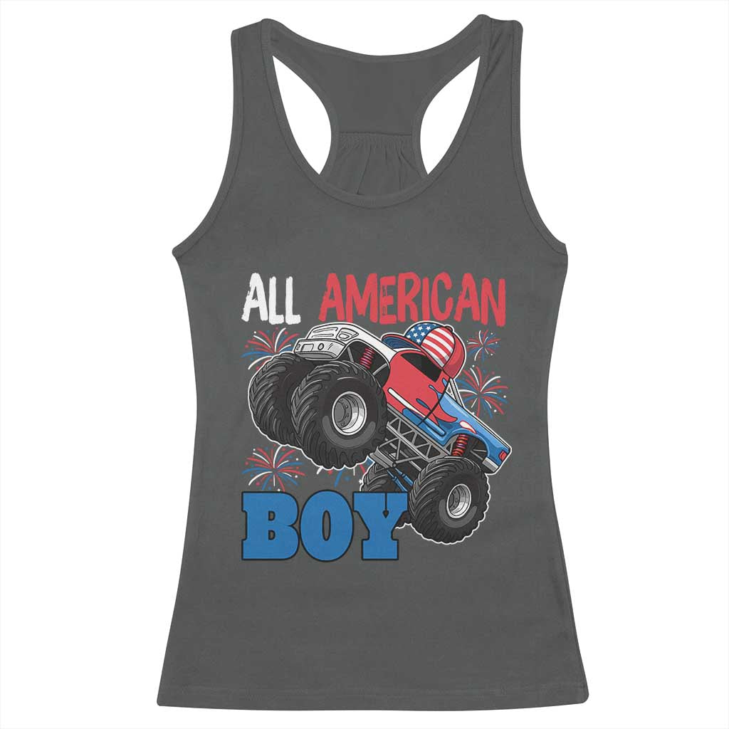 Funny All American Boy 4th Of July Racerback Tank Top Monster Trucks American Flag Fireworks - Wonder Print Shop
