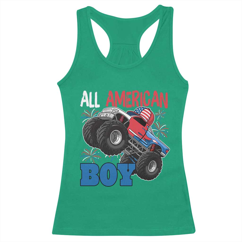 Funny All American Boy 4th Of July Racerback Tank Top Monster Trucks American Flag Fireworks - Wonder Print Shop