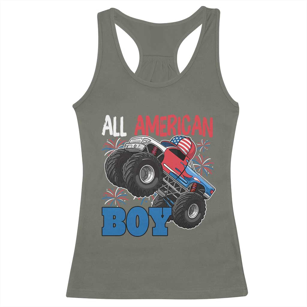 Funny All American Boy 4th Of July Racerback Tank Top Monster Trucks American Flag Fireworks - Wonder Print Shop