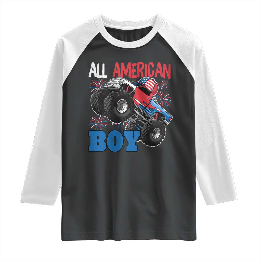 Funny All American Boy 4th Of July Raglan Shirt Monster Trucks American Flag Fireworks - Wonder Print Shop