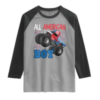 Funny All American Boy 4th Of July Raglan Shirt Monster Trucks American Flag Fireworks - Wonder Print Shop