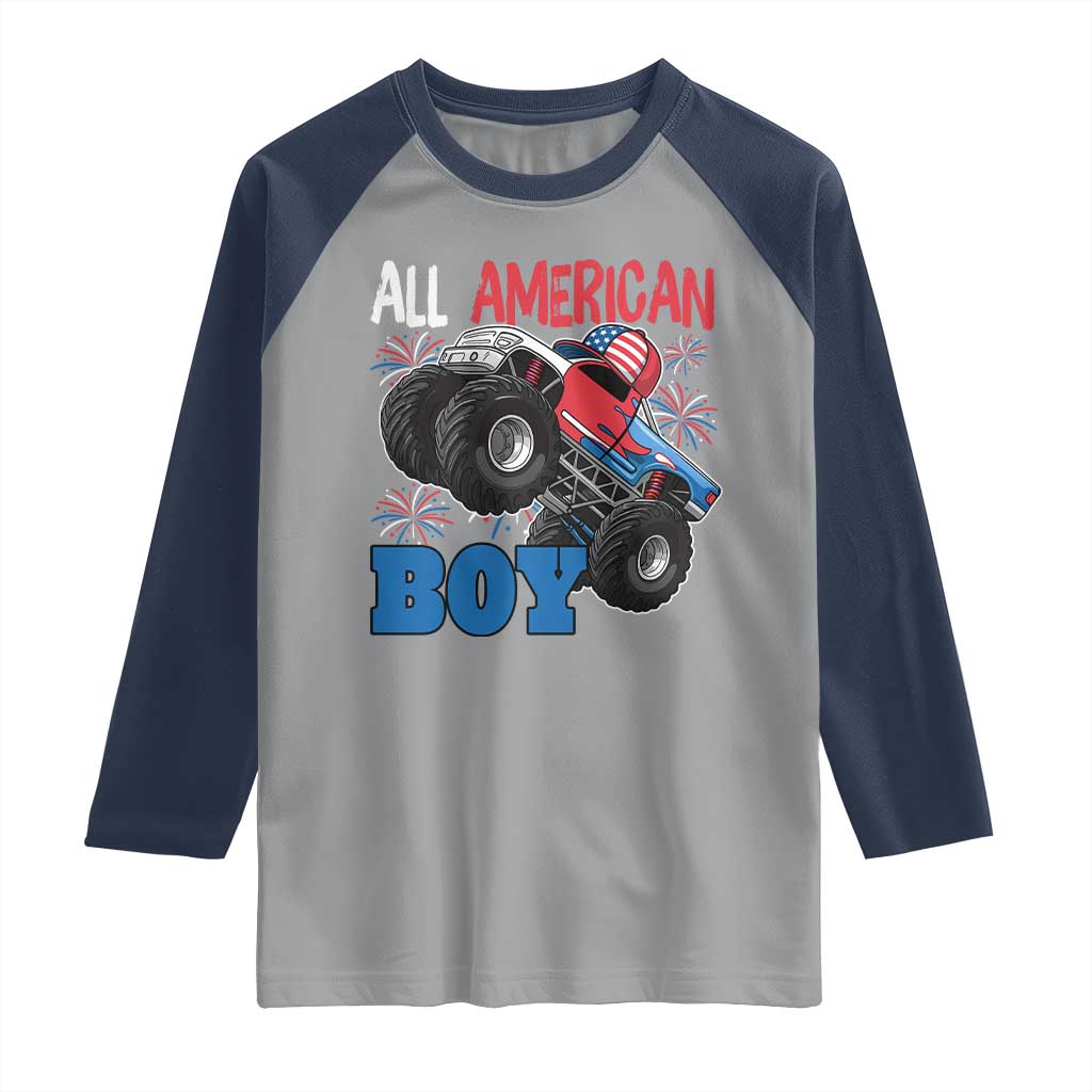 Funny All American Boy 4th Of July Raglan Shirt Monster Trucks American Flag Fireworks - Wonder Print Shop