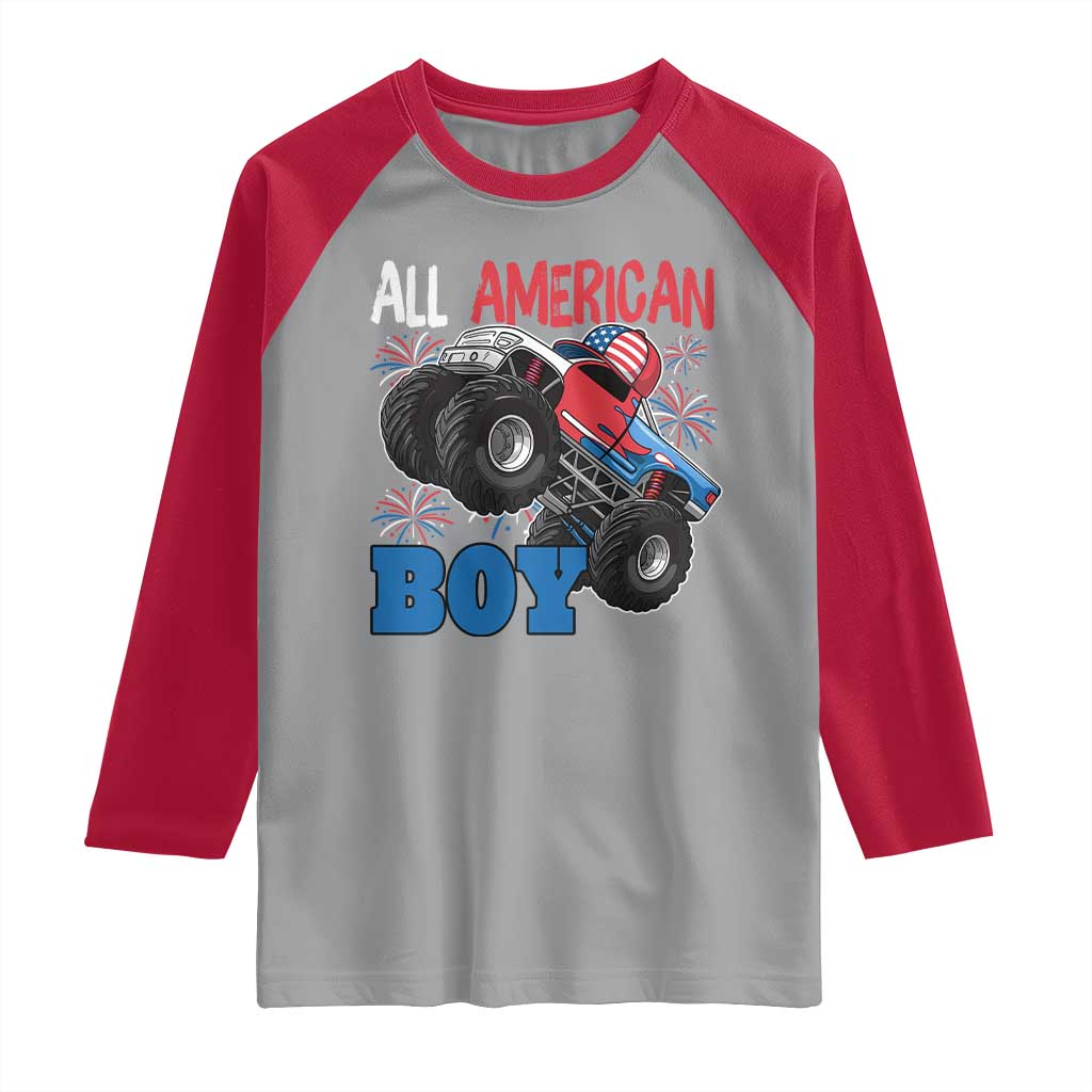 Funny All American Boy 4th Of July Raglan Shirt Monster Trucks American Flag Fireworks - Wonder Print Shop