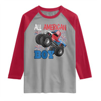 Funny All American Boy 4th Of July Raglan Shirt Monster Trucks American Flag Fireworks - Wonder Print Shop