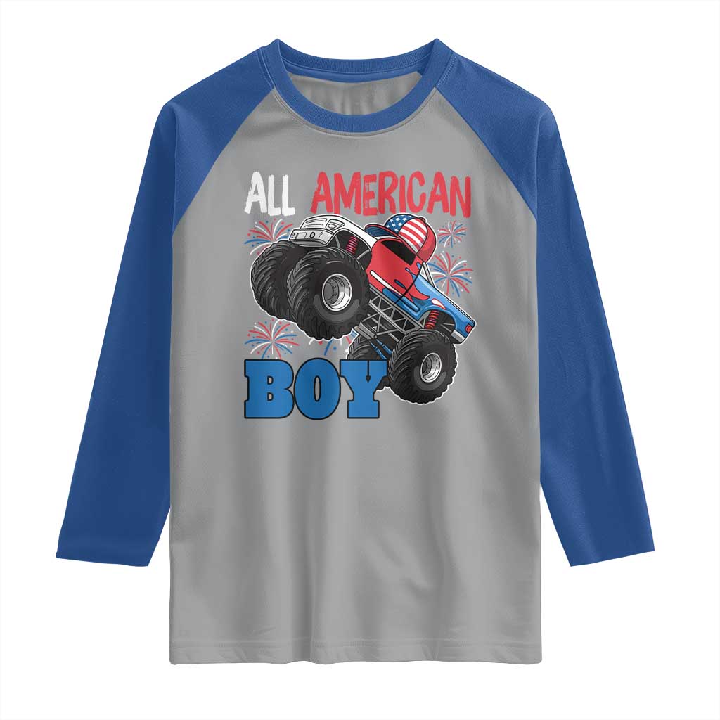 Funny All American Boy 4th Of July Raglan Shirt Monster Trucks American Flag Fireworks - Wonder Print Shop