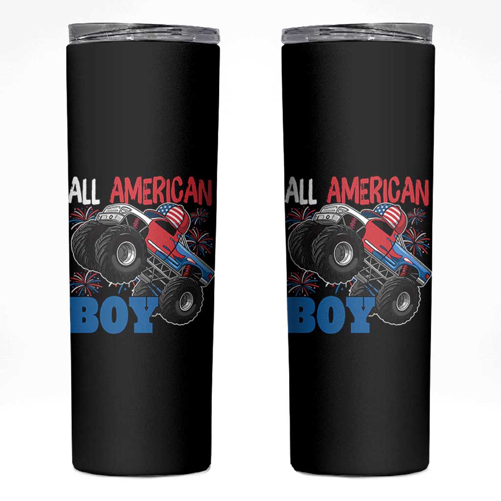 Funny All American Boy 4th Of July Skinny Tumbler Monster Trucks American Flag Fireworks - Wonder Print Shop