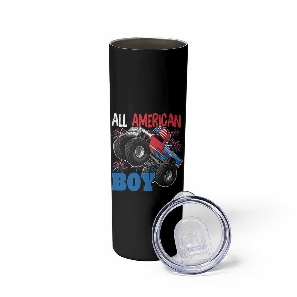 Funny All American Boy 4th Of July Skinny Tumbler Monster Trucks American Flag Fireworks - Wonder Print Shop