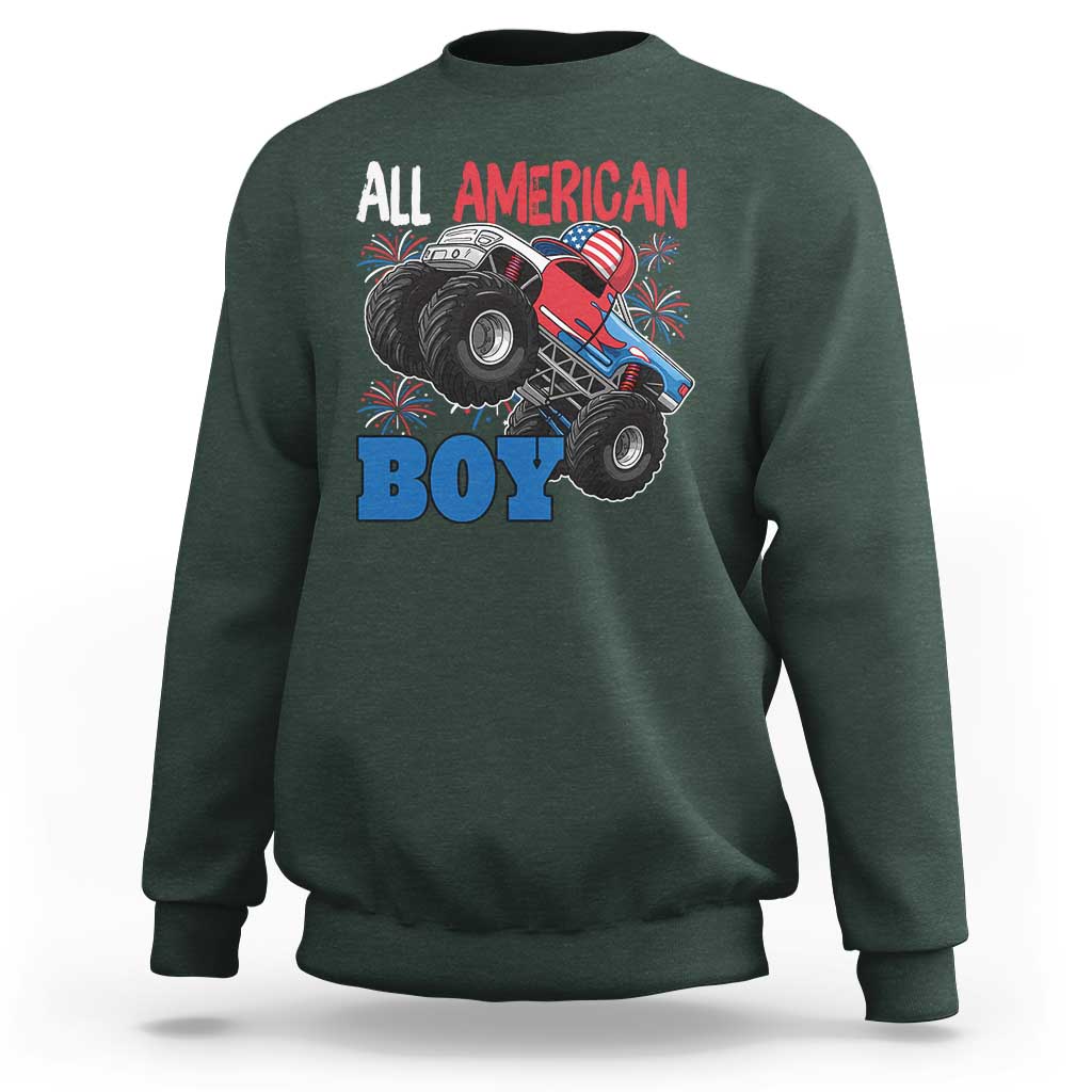 Funny All American Boy 4th Of July Sweatshirt Monster Trucks American Flag Fireworks - Wonder Print Shop