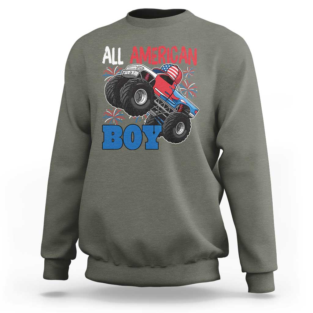 Funny All American Boy 4th Of July Sweatshirt Monster Trucks American Flag Fireworks - Wonder Print Shop