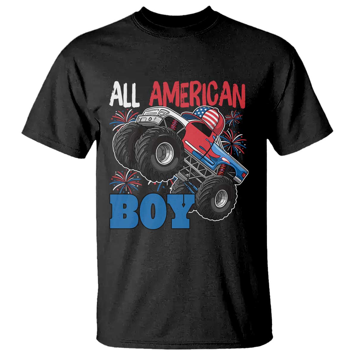 Funny All American Boy 4th Of July T Shirt Monster Trucks American Flag Fireworks - Wonder Print Shop