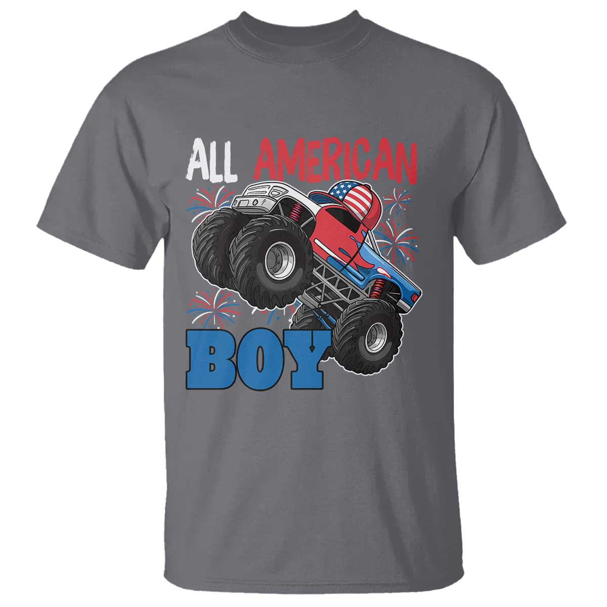 Funny All American Boy 4th Of July T Shirt Monster Trucks American Flag Fireworks - Wonder Print Shop
