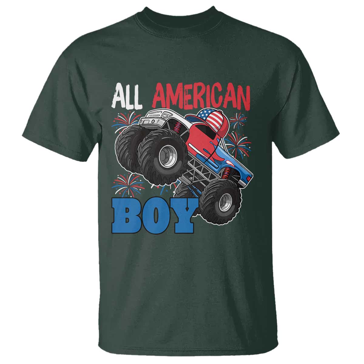 Funny All American Boy 4th Of July T Shirt Monster Trucks American Flag Fireworks - Wonder Print Shop