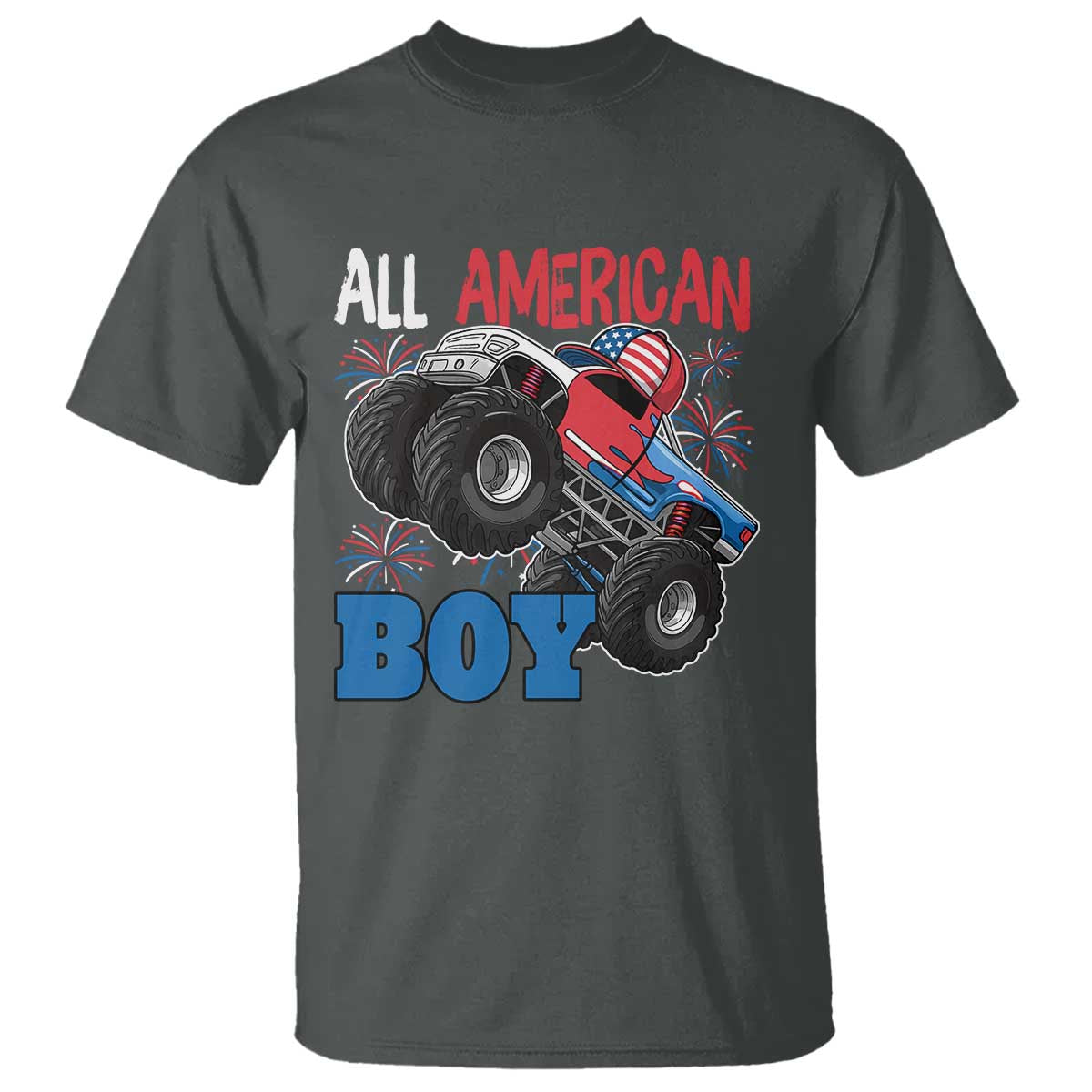 Funny All American Boy 4th Of July T Shirt Monster Trucks American Flag Fireworks - Wonder Print Shop