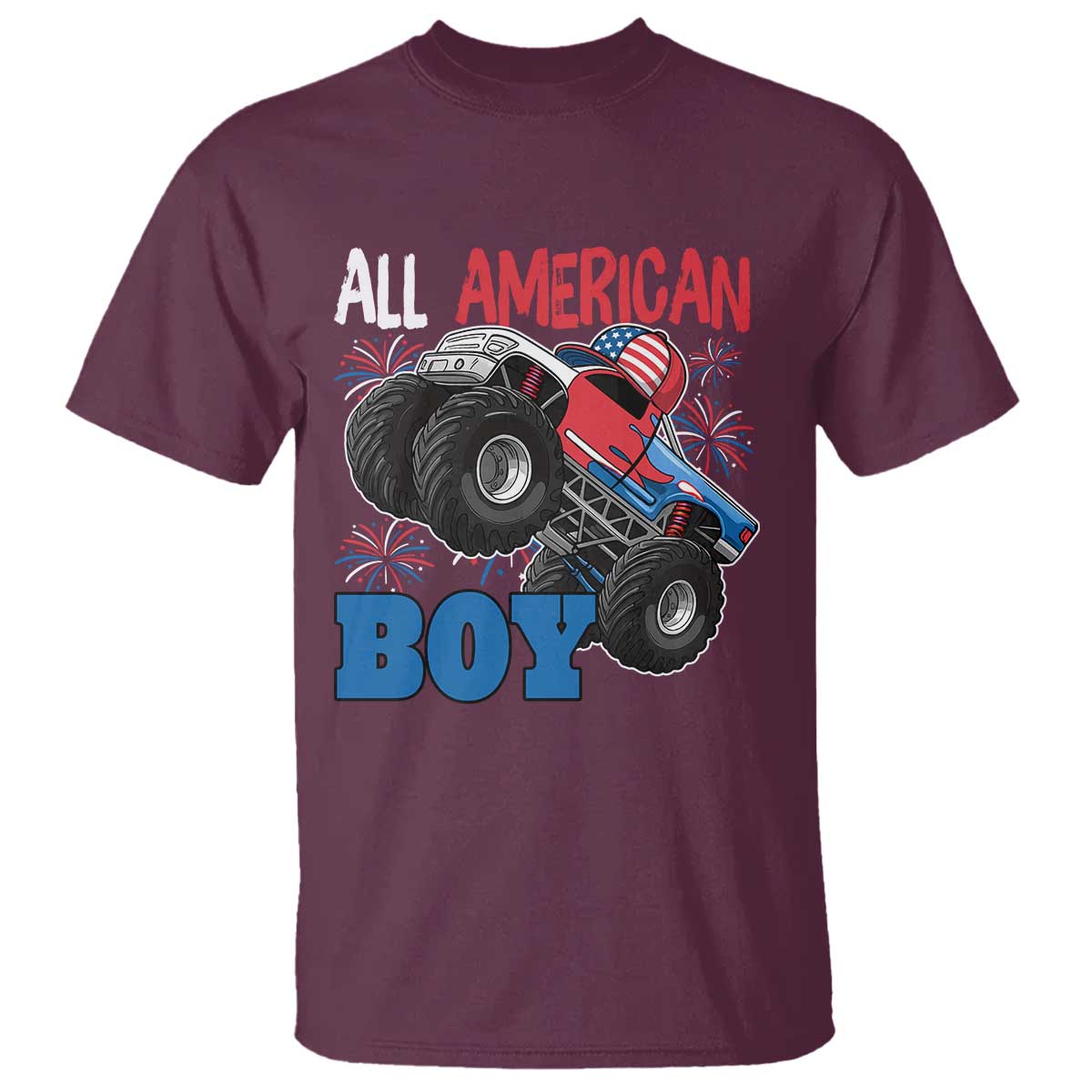 Funny All American Boy 4th Of July T Shirt Monster Trucks American Flag Fireworks - Wonder Print Shop