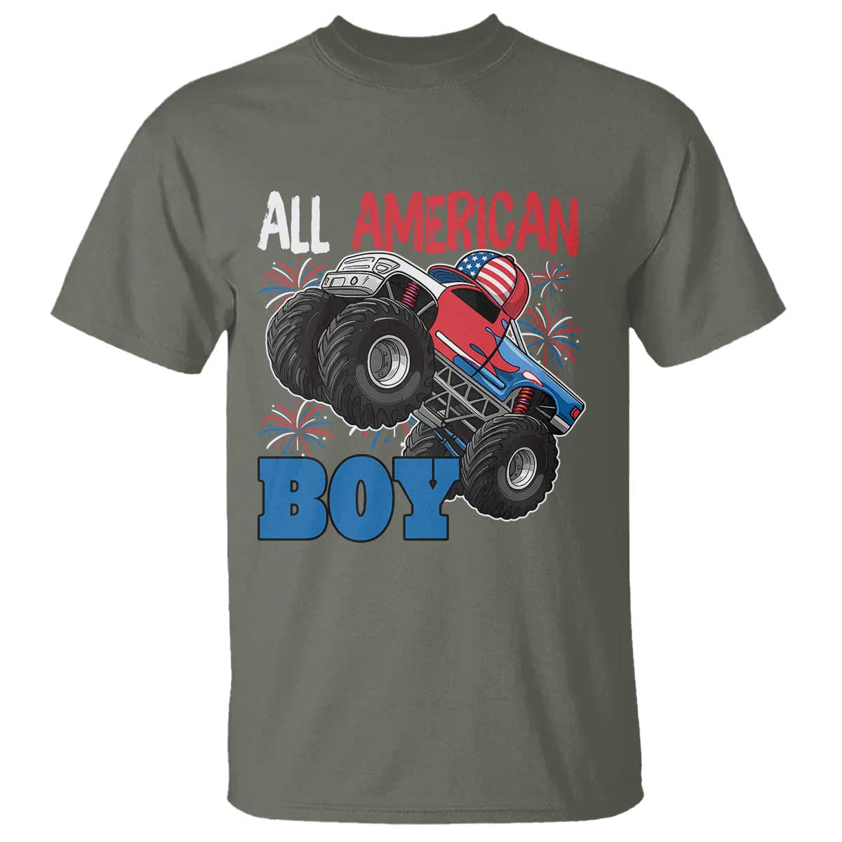 Funny All American Boy 4th Of July T Shirt Monster Trucks American Flag Fireworks - Wonder Print Shop