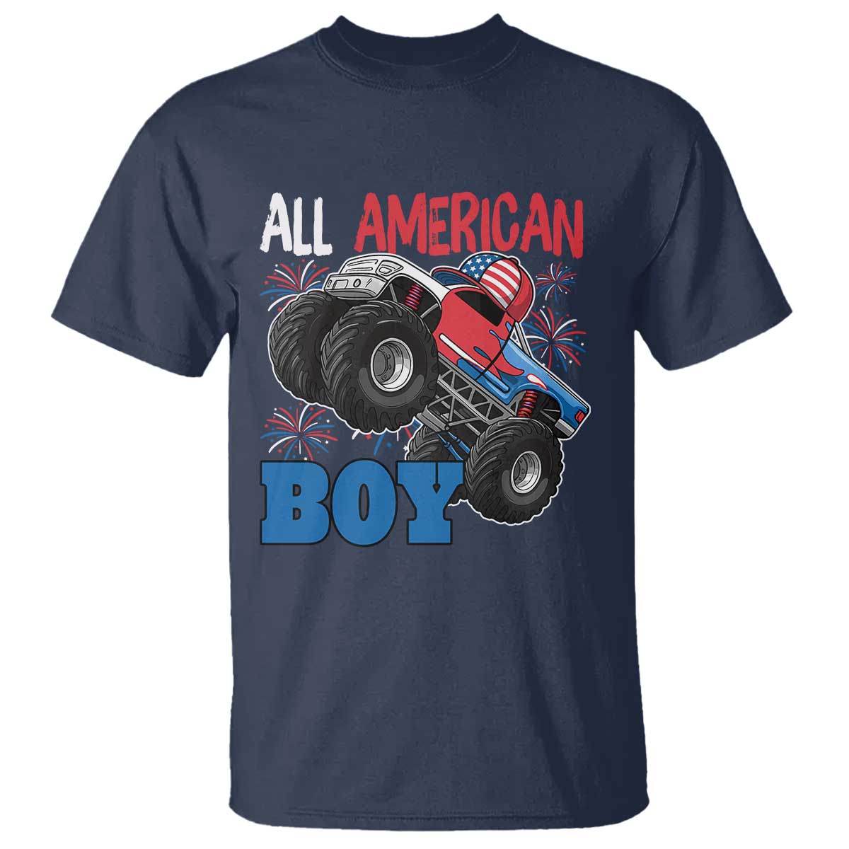 Funny All American Boy 4th Of July T Shirt Monster Trucks American Flag Fireworks - Wonder Print Shop