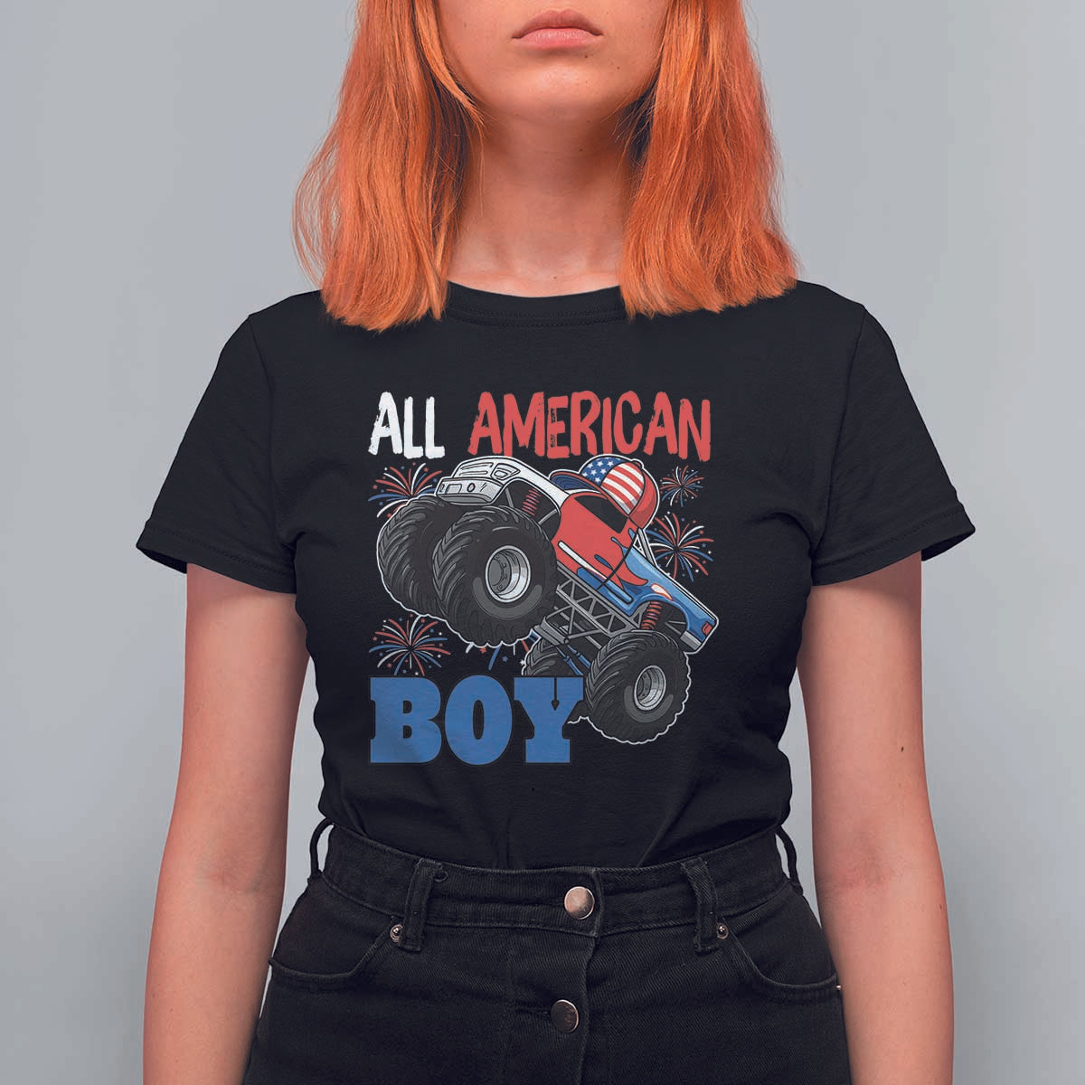 Funny All American Boy 4th Of July T Shirt For Women Monster Trucks American Flag Fireworks - Wonder Print Shop