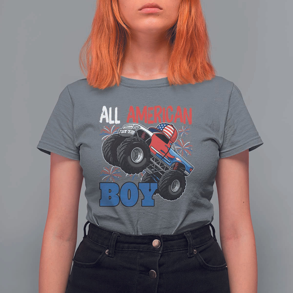 Funny All American Boy 4th Of July T Shirt For Women Monster Trucks American Flag Fireworks - Wonder Print Shop