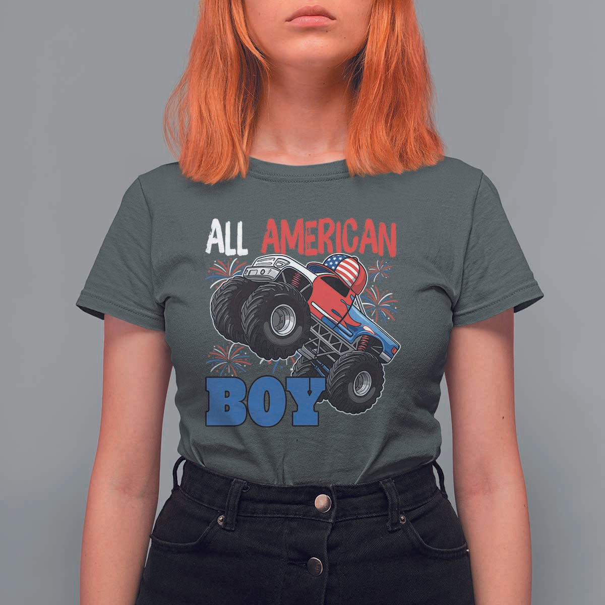 Funny All American Boy 4th Of July T Shirt For Women Monster Trucks American Flag Fireworks - Wonder Print Shop