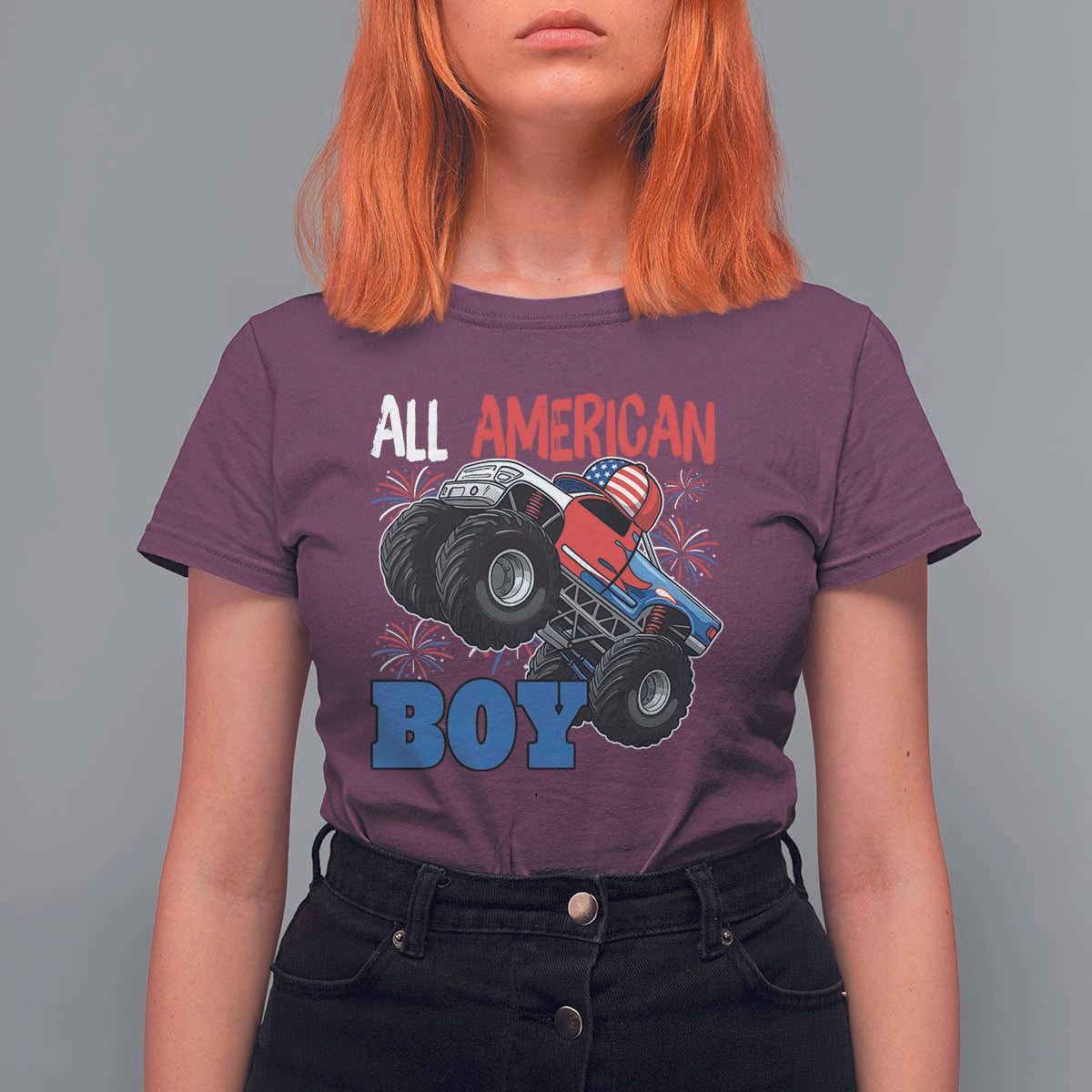 Funny All American Boy 4th Of July T Shirt For Women Monster Trucks American Flag Fireworks - Wonder Print Shop